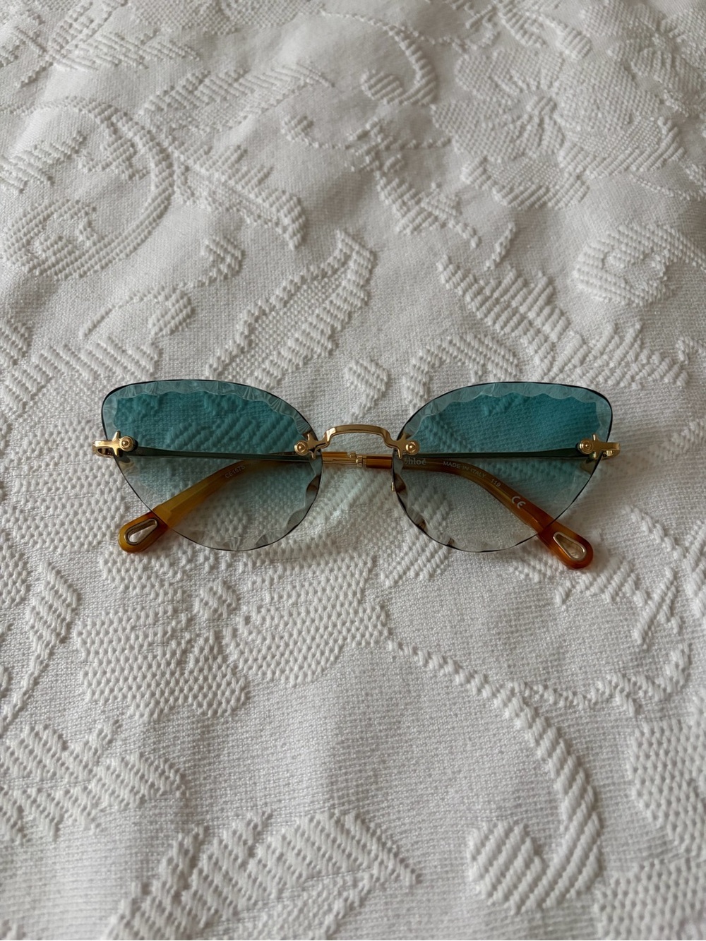Chloe Gold Frame Teal Gradient Rimless Sunglasses with Tortoiseshell Temples